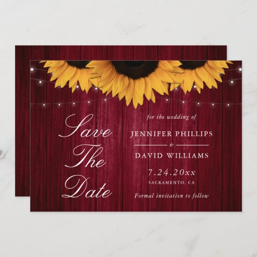 Rustieke Bourgogne Zonnebloem Bewaar De Datumkaart Save The Date (Voorkant / Achterkant)
