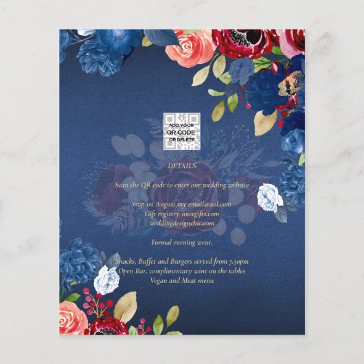 Rustieke Bourgondië Blauw Bloemige Trouw Flyer (Achterkant)