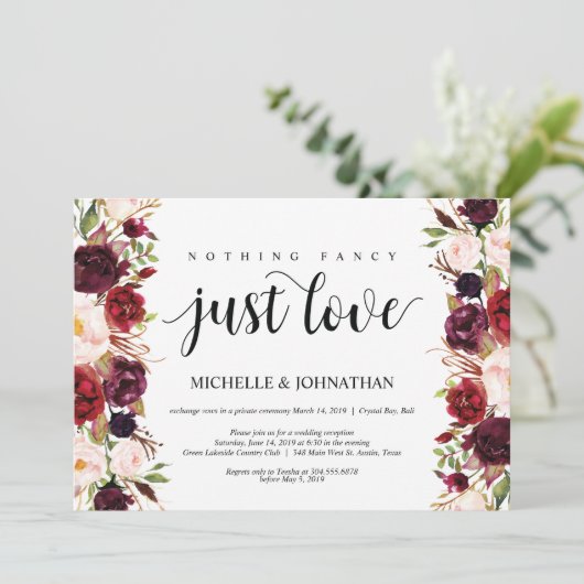 Rustieke Bourgondië Bloemige Elopement Ontvangst U Kaart (Staand voorkant)