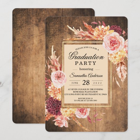 Rustieke Bourgondië & Blush Bloemen Afstuderen Kaart (Voorkant / Achterkant)
