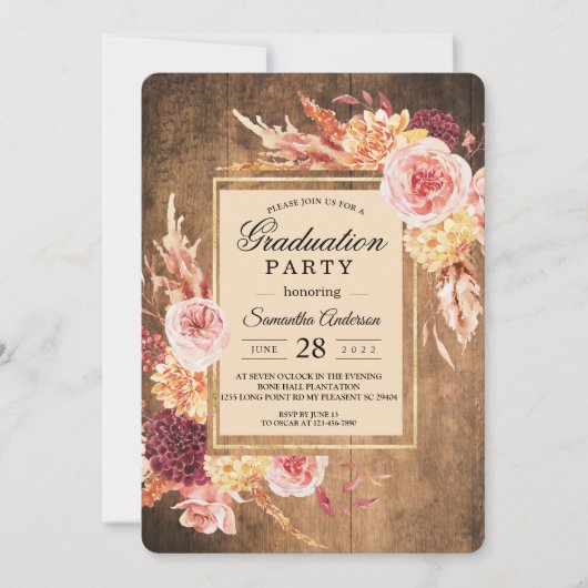 Rustieke Bourgondië & Blush Bloemen Afstuderen Kaart (Voorkant)