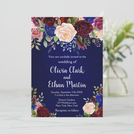 Rustieke Bourgondië Navy Bloem Kaart (Staand voorkant)