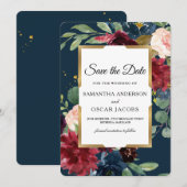 Rustieke Bourgondië & Navy Floral Gold Lijst Save The Date (Voorkant / Achterkant)