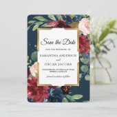 Rustieke Bourgondië & Navy Floral Gold Lijst Save The Date (Staand voorkant)