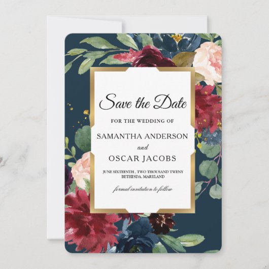 Rustieke Bourgondië & Navy Floral Gold Lijst Save The Date (Voorkant)