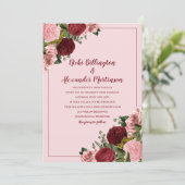 Rustieke Bourgondië Roze Bloemige Bruiloft Kaart (Staand voorkant)
