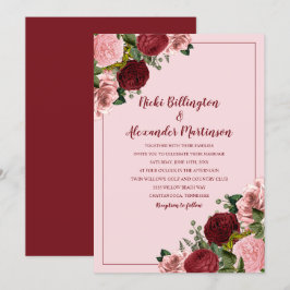 Rustieke Bourgondië Roze Bloemige Bruiloft Kaart