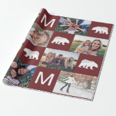 Rustieke Bourgondische Beren Fotocollage Kerst Cadeaupapier (Uitgerold)