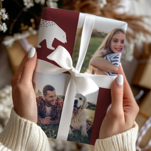 Rustieke Bourgondische Beren Fotocollage Kerst Cadeaupapier