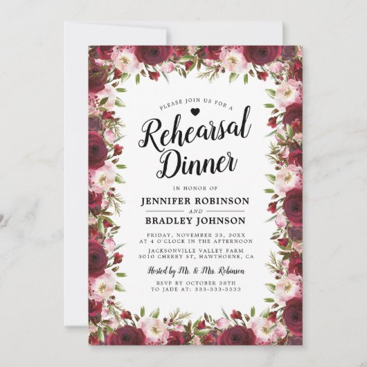 Rustieke Bourgondische bloemen bruiloft repetitie  Kaart (Voorkant)