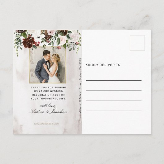 Rustieke Bourgondische bloemenbruiloft foto dank u Briefkaart (Achterkant)