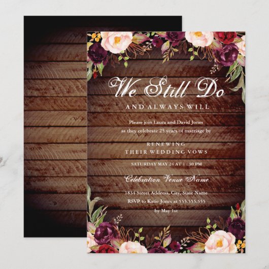 Rustieke Bourgondische Bloemengelofte Vernieuwing  Kaart (Voorkant / Achterkant)