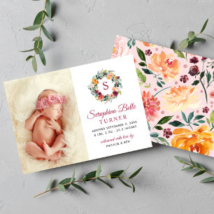 Rustieke Bourgondische bloemenkrans Monogram Foto  Aankondiging