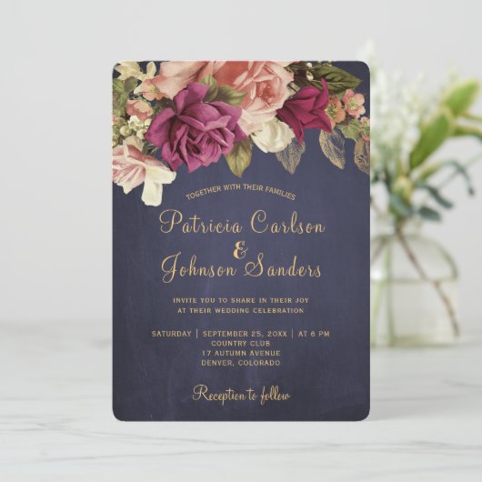 Rustieke  Bourgondische bloemenkrijtbordbruiloft Kaart (Staand voorkant)