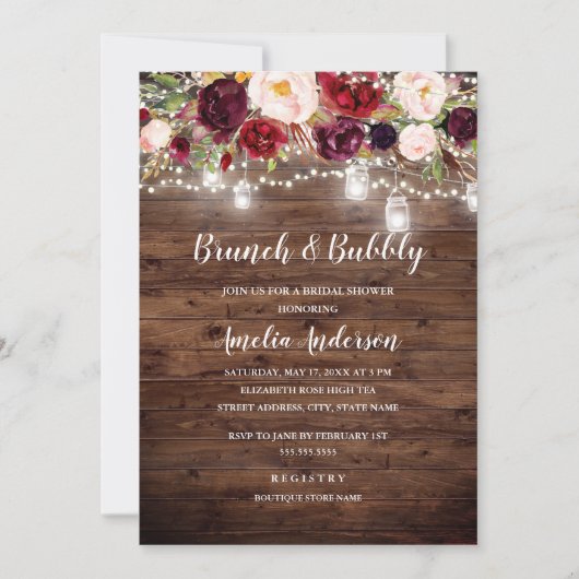 Rustieke Bourgondische bloemenverlichting brunch e Kaart (Voorkant)