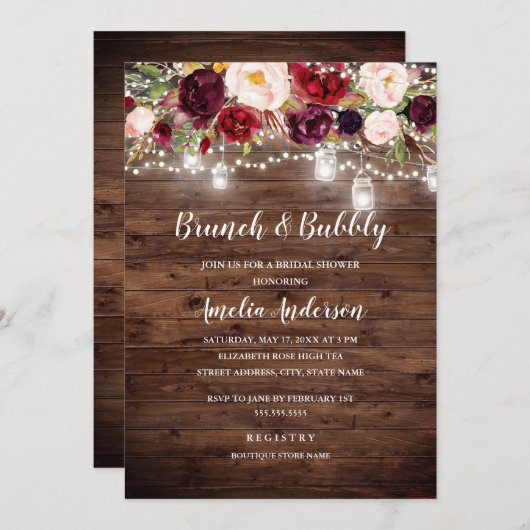 Rustieke Bourgondische bloemenverlichting brunch e Kaart (Voorkant / Achterkant)