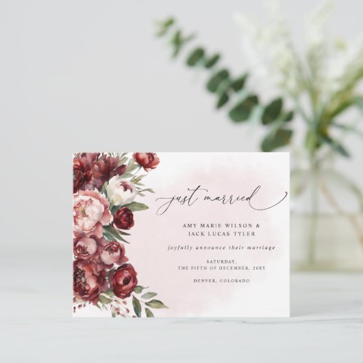 Rustieke Bourgondische bloesem bloemenbruiloft aan Briefkaart (Staand voorkant)