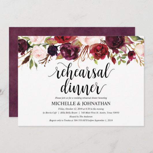 Rustieke Bourgondische bruiloft repetitie diner no Kaart (Voorkant / Achterkant)