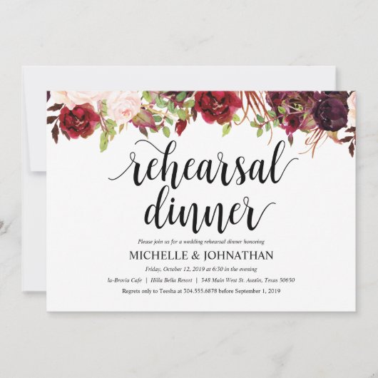 Rustieke Bourgondische bruiloft repetitie Diner Ui Kaart (Voorkant)