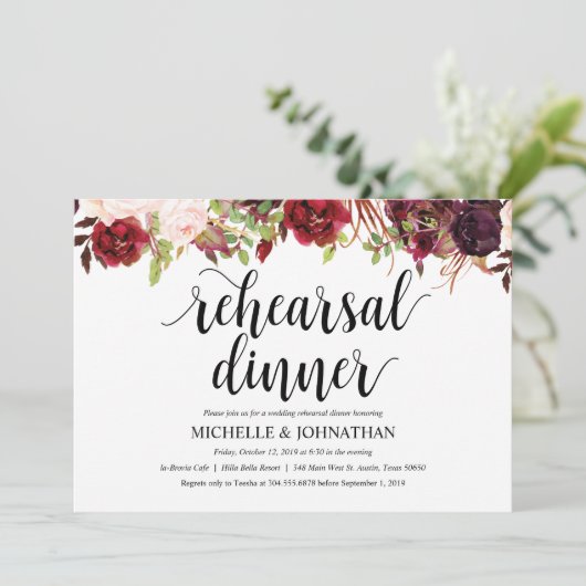 Rustieke Bourgondische bruiloft repetitie Diner Ui Kaart (Staand voorkant)