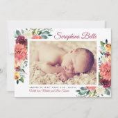 Rustieke Bourgondische Floral Baby Meisje Foto Geb Aankondiging (Voorkant)
