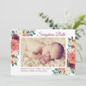 Rustieke Bourgondische Floral Baby Meisje Foto Geb Aankondiging (Staand voorkant)