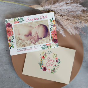 Rustieke Bourgondische Floral Baby Meisje Foto Geb Aankondiging