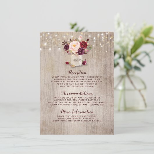 Rustieke Bourgondische Floral bruiloft informatie Informatiekaartje (Staand voorkant)