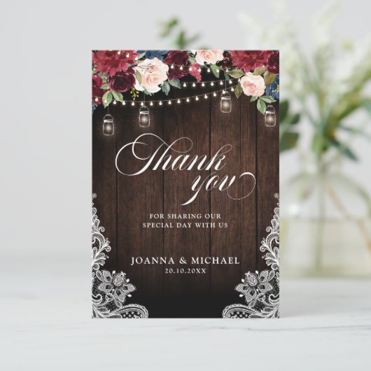 Rustieke Bourgondische Floral Mason Jar bruiloft d Bedankkaart (Staand voorkant)