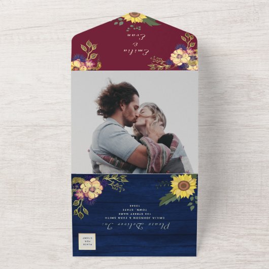 Rustieke Bourgondische marine zonnebloem bruiloft All In One Uitnodiging (Buitenkant)