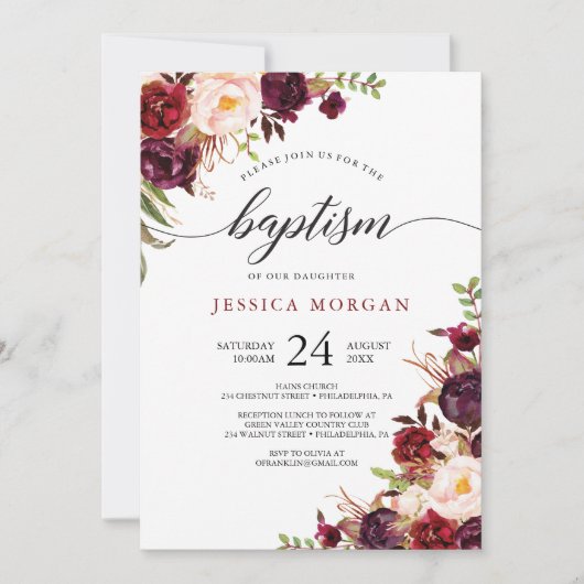 Rustieke Bourgondische Marsala doop uitnodiging (Voorkant)