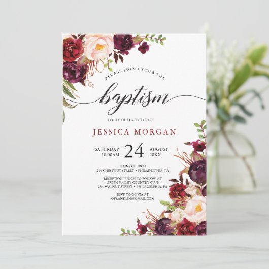 Rustieke Bourgondische Marsala doop uitnodiging (Staand voorkant)