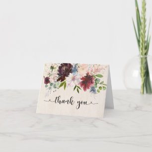 Rustieke Bourgondische Navy Waterverf Floral Dank  Kaart