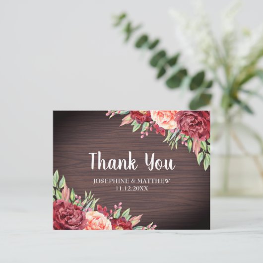 Rustieke Bourgondische perzik bloemenbruiloft dank Briefkaart (Staand voorkant)