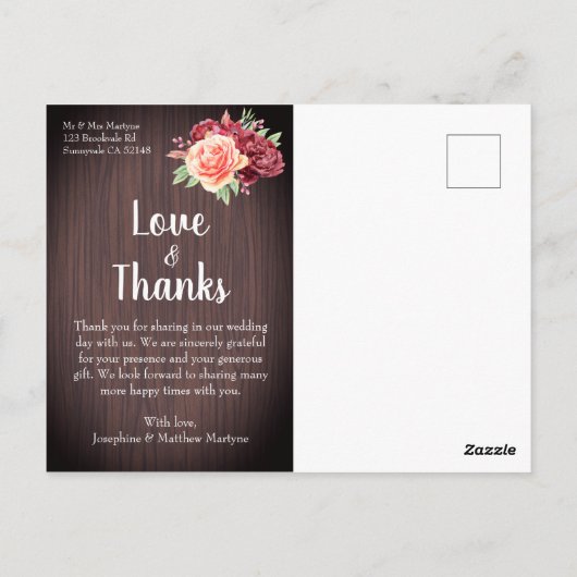 Rustieke Bourgondische perzik bloemenbruiloft dank Briefkaart (Achterkant)