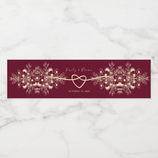 Rustieke Bourgondische rode bruiloft Waterfles Etiket (Enkel label)