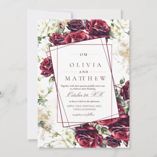 Rustieke Bourgondische Rozen en gouden bloemenbrui Kaart (Voorkant)