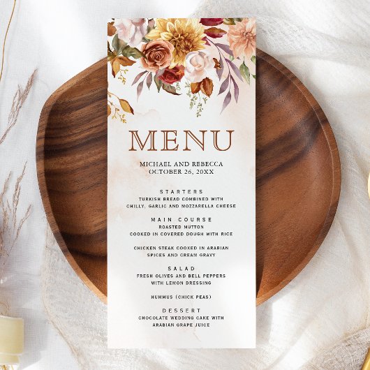 Rustieke Bourgondische Terracotta Bloemige Bruilof Menu