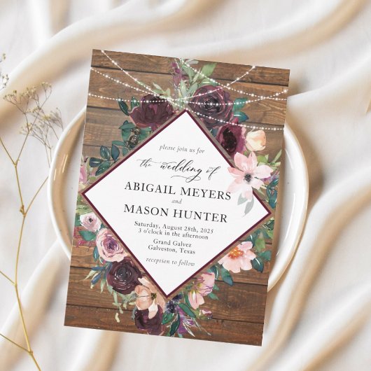 Rustieke Bourgondische waterverf bloemige bruiloft Kaart