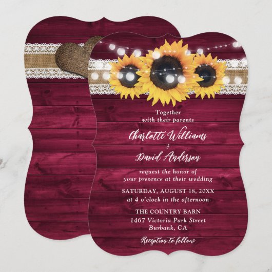 Rustieke Bourgondische Zonnebloem Hout Wedding Kaart (Voorkant / Achterkant)