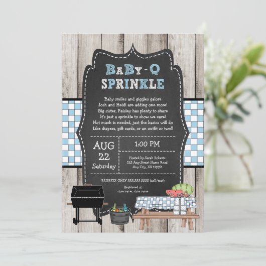 Rustieke Boy Baby Q Sprinkle, BBQ baby shower Kaart (Staand voorkant)