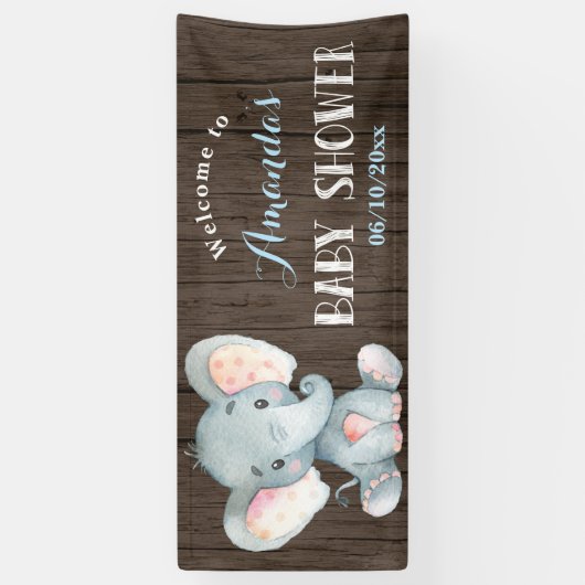 Rustieke Boy Elephant Baby shower Blauw en Grijs Spandoek (Verticaal)