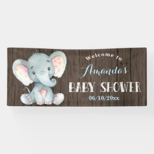 Rustieke Boy Elephant Baby shower Blauw en Grijs Spandoek