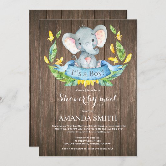 Rustieke Boy Elephant Baby shower per Mail Kaart (Voorkant / Achterkant)
