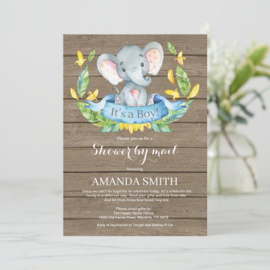 Rustieke Boy Elephant Baby shower per Mail Kaart (Staand voorkant)