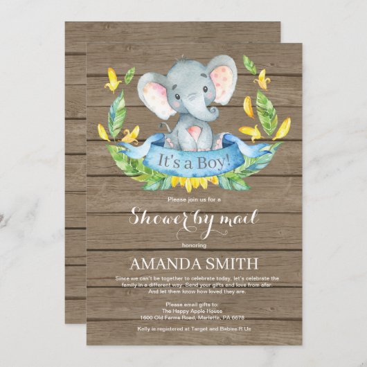 Rustieke Boy Elephant Baby shower per Mail Kaart (Voorkant / Achterkant)