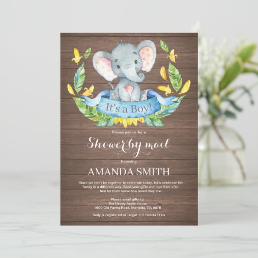 Rustieke Boy Elephant Baby shower per Mail Kaart (Staand voorkant)