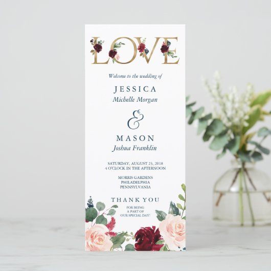 Rustieke Breezy Bourgondië Fall Wedding Programma Programmakaart (Staand voorkant)