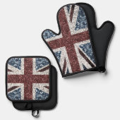 Rustieke Britse vlag rood blauw sprankelt glitters Ovenwant & Pannenlap Set (Voorkant / Achterkant)