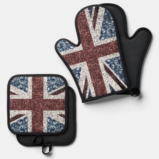 Rustieke Britse vlag rood blauw sprankelt glitters Ovenwant & Pannenlap Set (Voorkant / Achterkant)